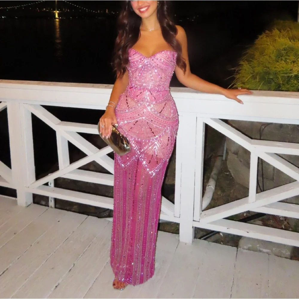 pink glitter long dress Sparkly Tulle Pink A-line Strapless Long Prom Dresses, Evening Dresses,  MP818